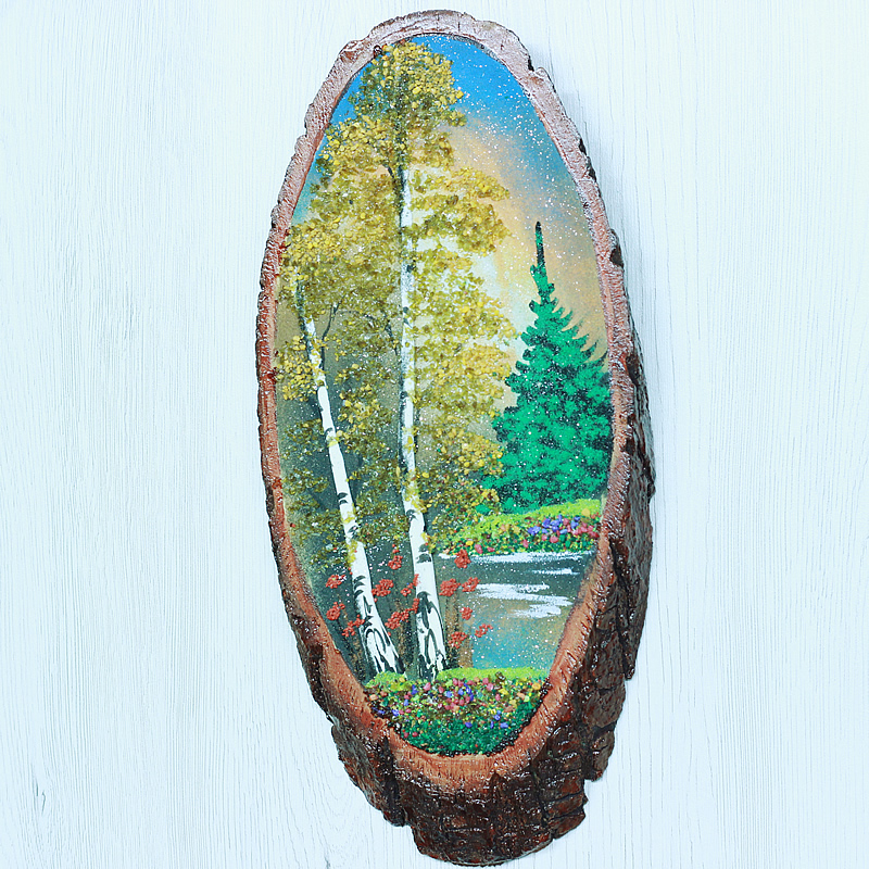 14160365 - Картина на спиле дерева утренний лес 30 см осень.